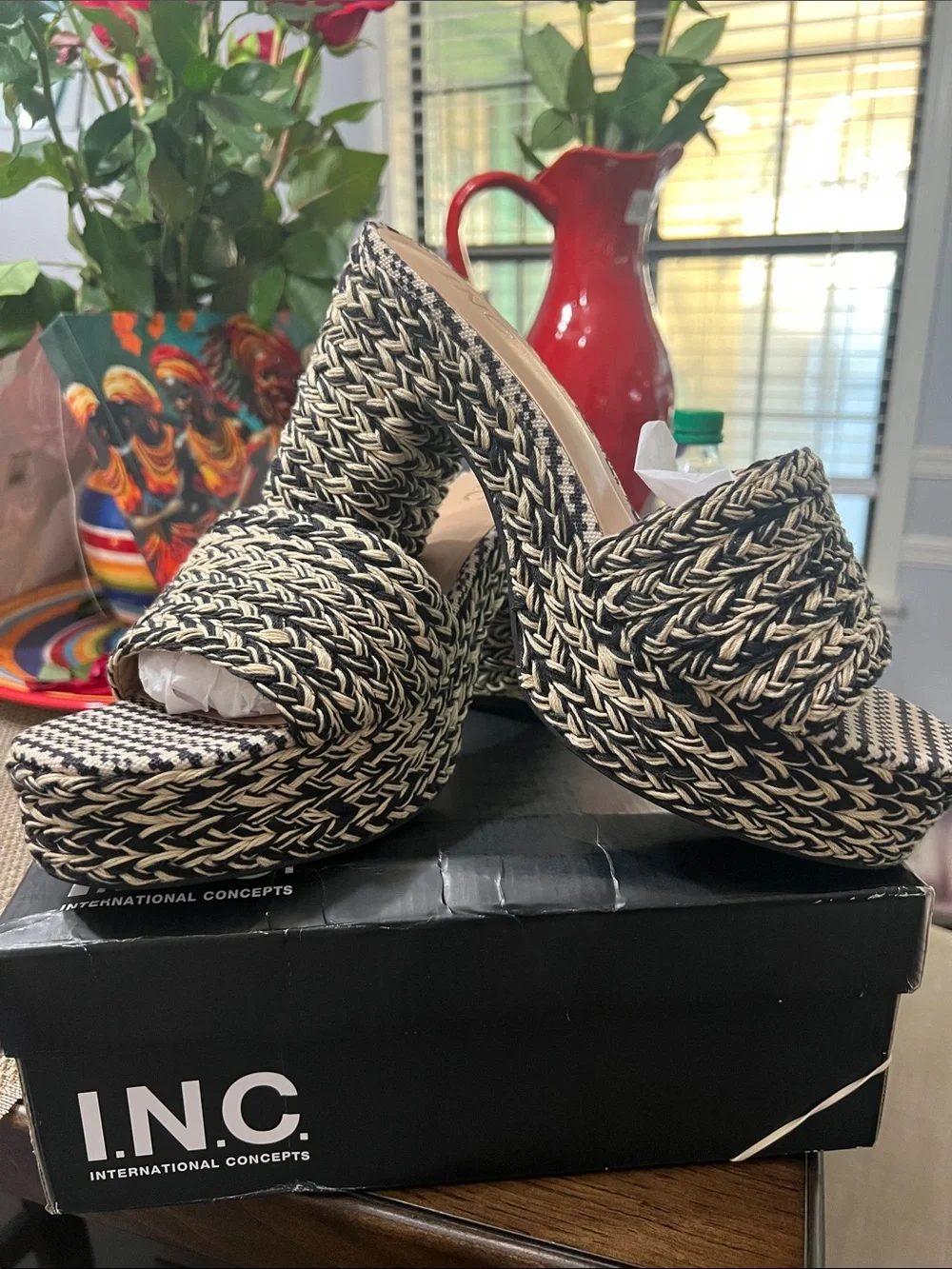 INC International Concepts Black and Cream Braided Platform Mules